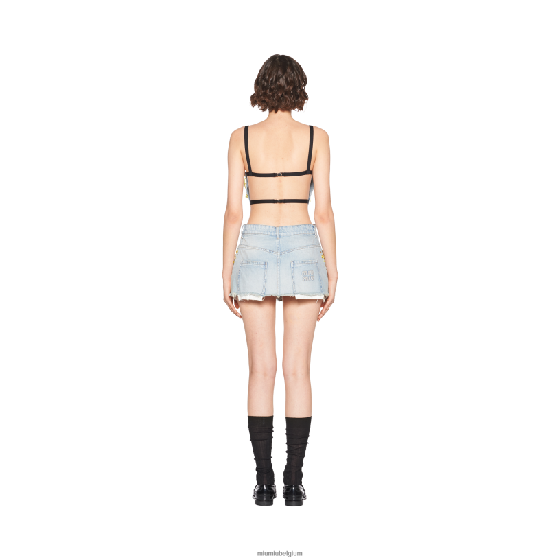 Miu Miu lichtblauw/geeldenim minirok N8F6L907 klaar om te dragen