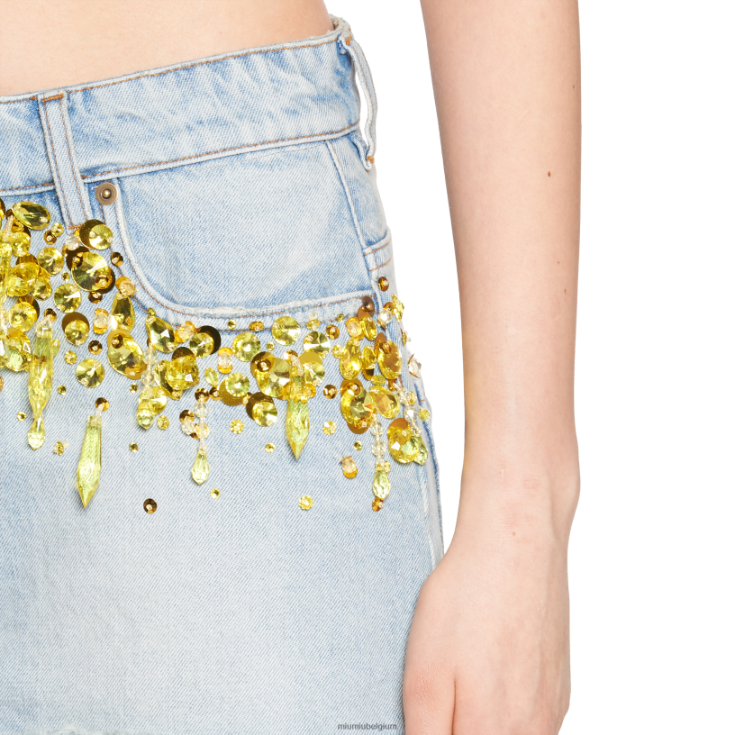 Miu Miu lichtblauw/geeldenim minirok N8F6L907 klaar om te dragen