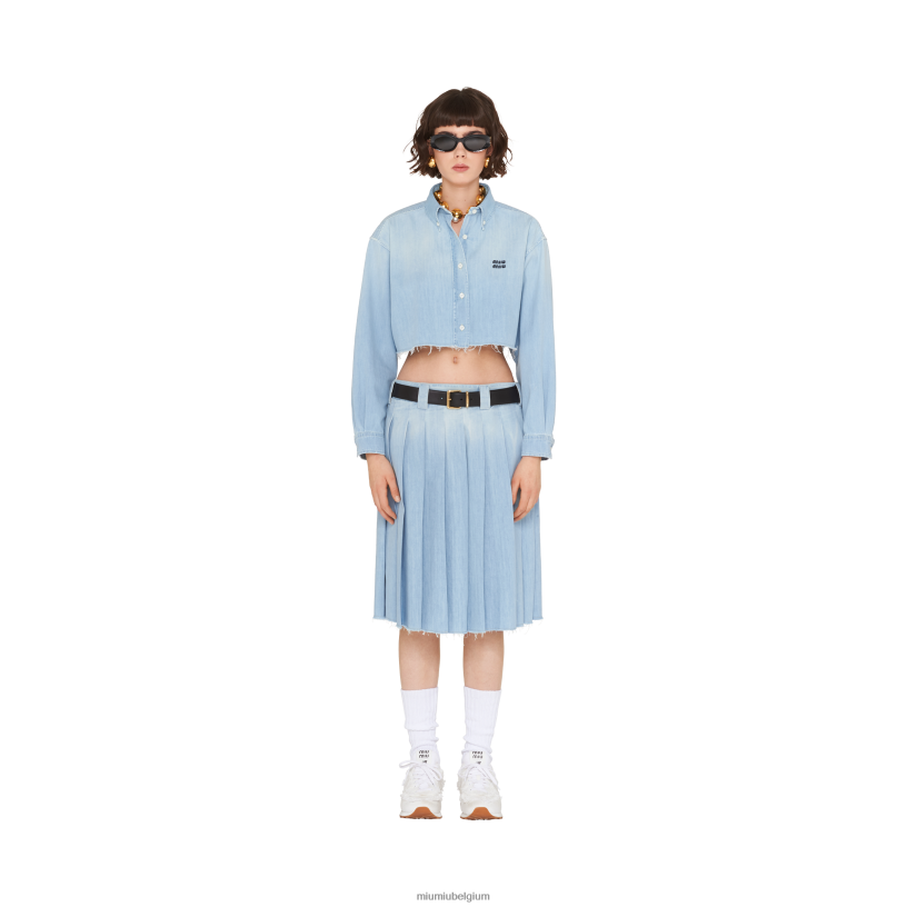 Miu Miu saffierblauwgeplooide chambray rok N8F6L908 klaar om te dragen