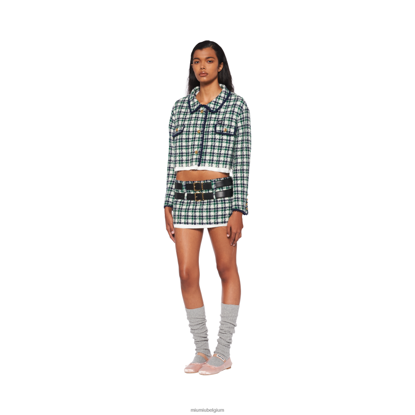Miu Miu wit/groencheck tweed minirok N8F6L902 klaar om te dragen