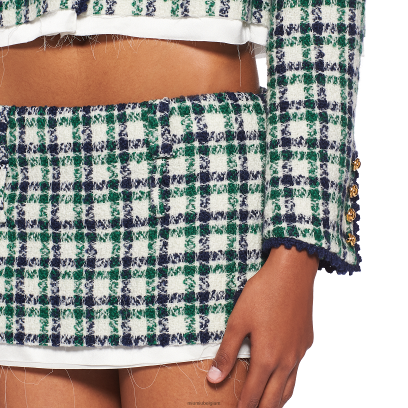 Miu Miu wit/groencheck tweed minirok N8F6L902 klaar om te dragen