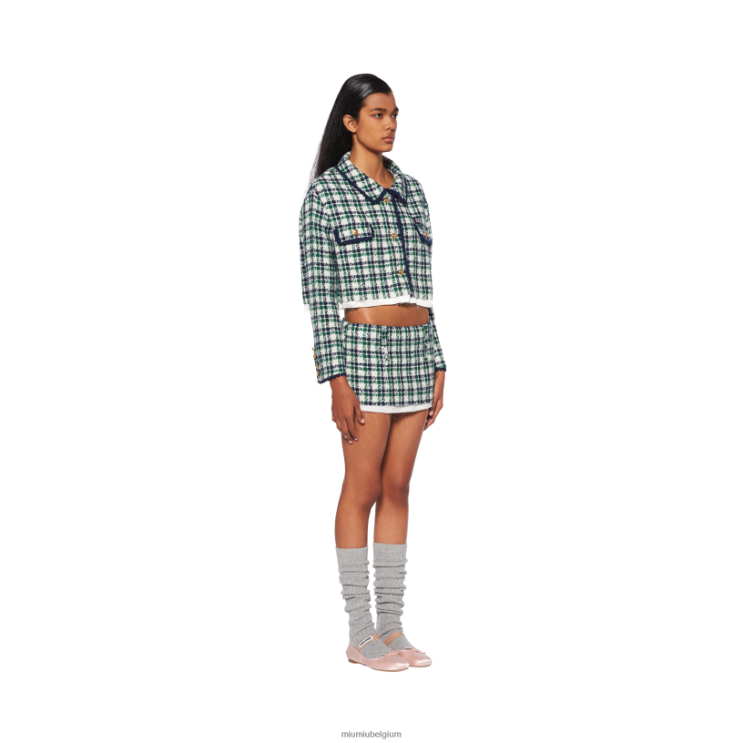 Miu Miu wit/groencheck tweed minirok N8F6L902 klaar om te dragen