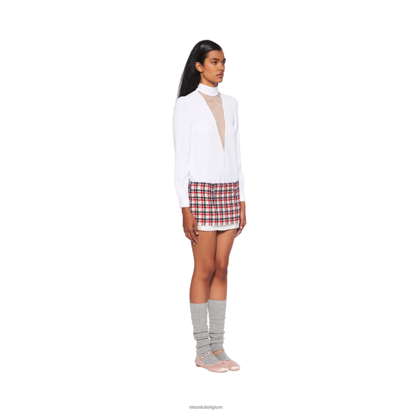 Miu Miu wit roodcheck tweed minirok N8F6L901 klaar om te dragen