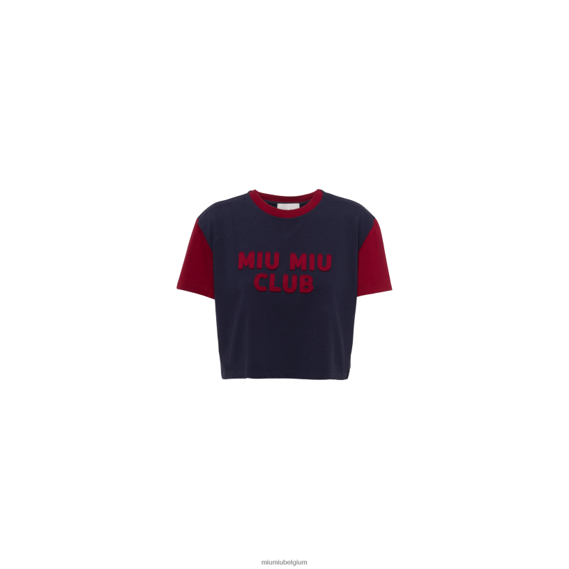 Miu Miu blauw/bordeauxjersey t-shirt met geborduurd logo N8F6L676 klaar om te dragen