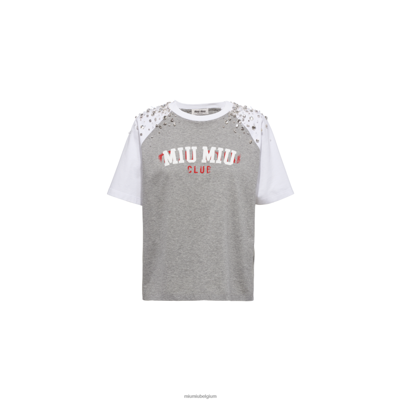 Miu Miu grijsgeborduurd katoenen t-shirt N8F6L706 klaar om te dragen