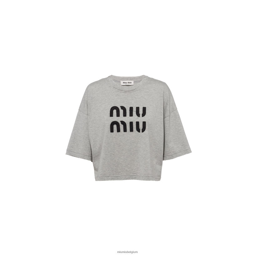 Miu Miu grijskatoenen t-shirt met geborduurd logo N8F6L686 klaar om te dragen