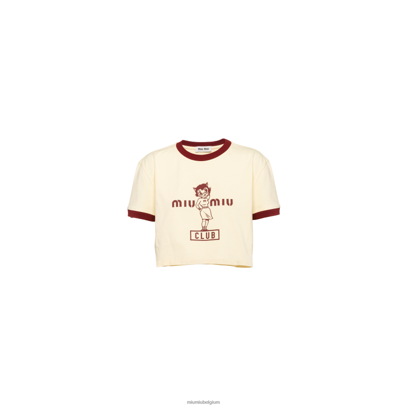 Miu Miu vanille/bordeauxbedrukt katoenen t-shirt N8F6L675 klaar om te dragen