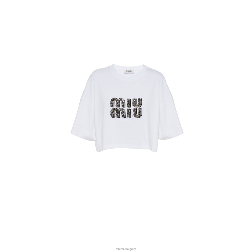 Miu Miu wit/kristalgeborduurd katoenen t-shirt N8F6L696 klaar om te dragen