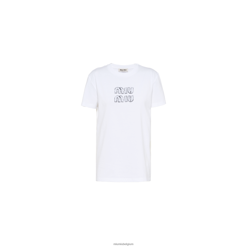 Miu Miu witgeborduurd katoenen t-shirt N8F6L694 klaar om te dragen