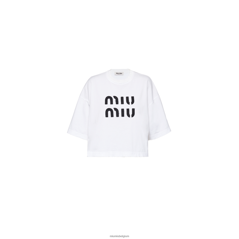 Miu Miu witgeborduurd katoenen t-shirt N8F6L699 klaar om te dragen