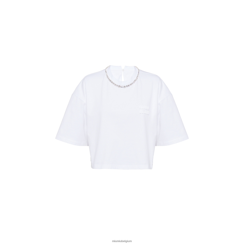 Miu Miu witgeborduurd katoenen t-shirt N8F6L710 klaar om te dragen