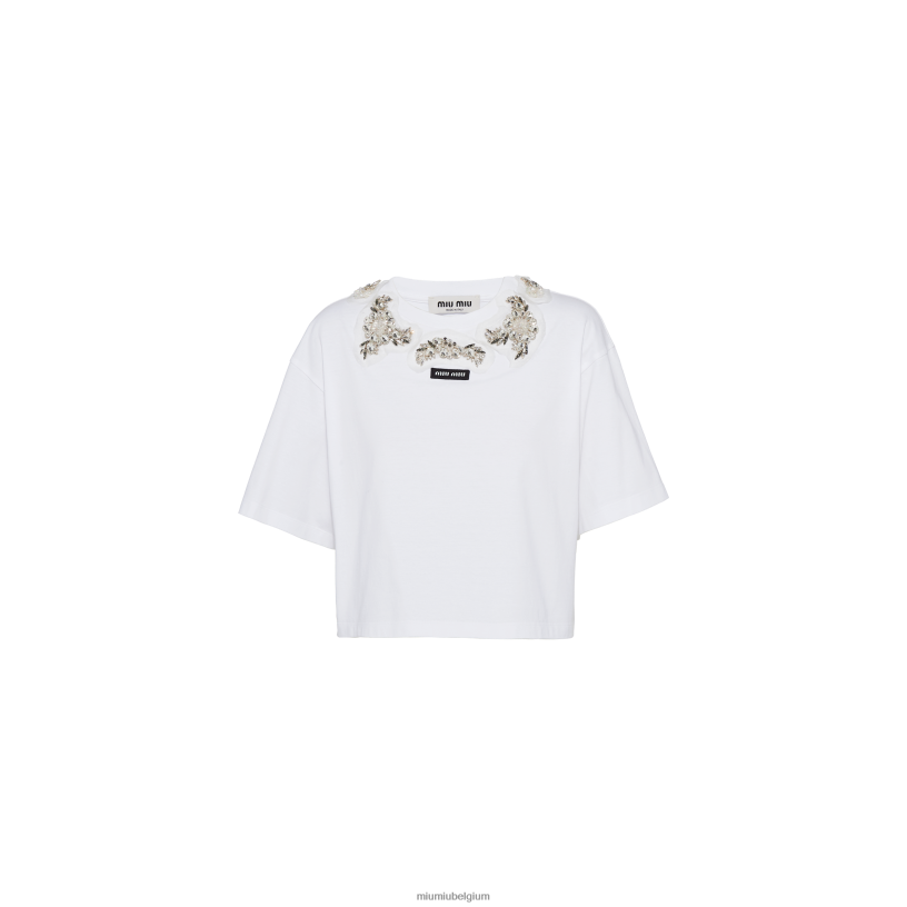 Miu Miu witgeborduurd katoenen t-shirt N8F6L713 klaar om te dragen