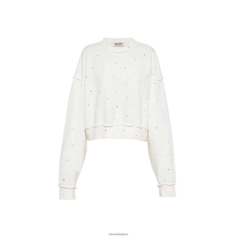 Miu Miu witkatoenen geborduurd sweatshirt met kristallen N8F6L693 klaar om te dragen