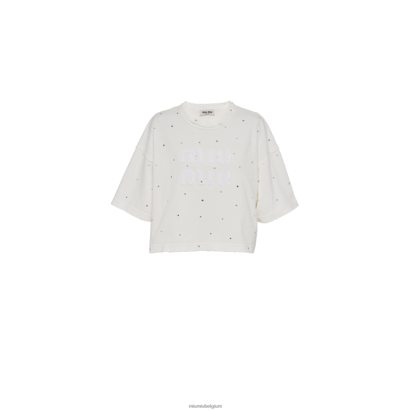 Miu Miu witkatoenen t-shirt met kristallen N8F6L697 klaar om te dragen
