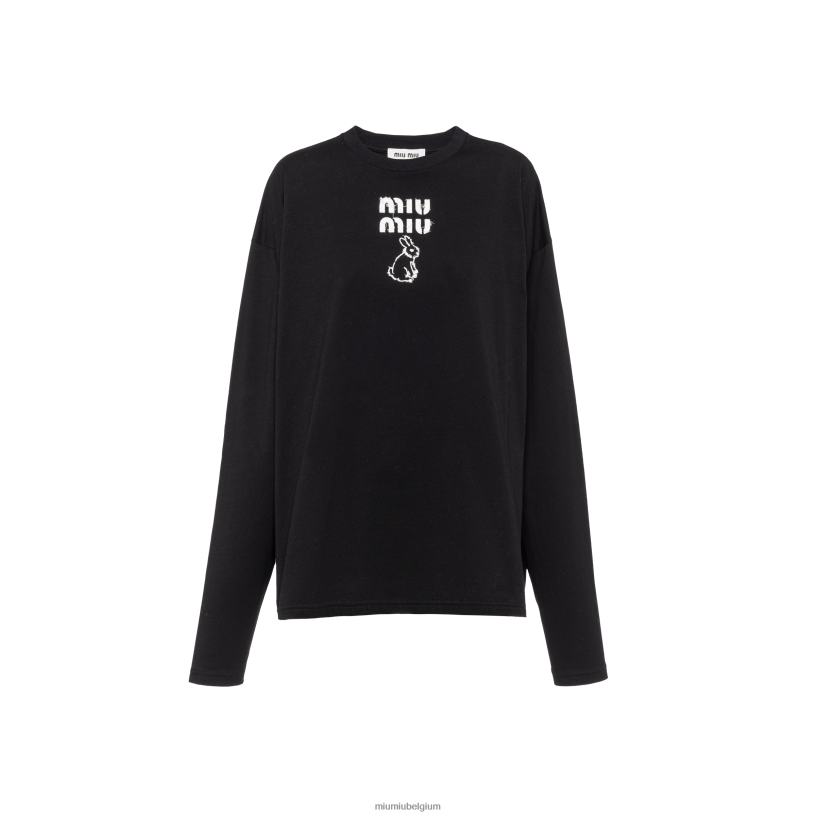 Miu Miu zwartkatoenen t-shirt met geborduurd logo N8F6L692 klaar om te dragen