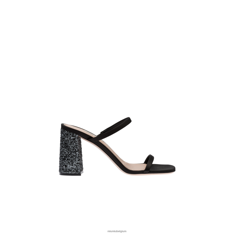 Miu Miu zwart/leigrijssatijn en glitter dia's N8F6L239 schoenen