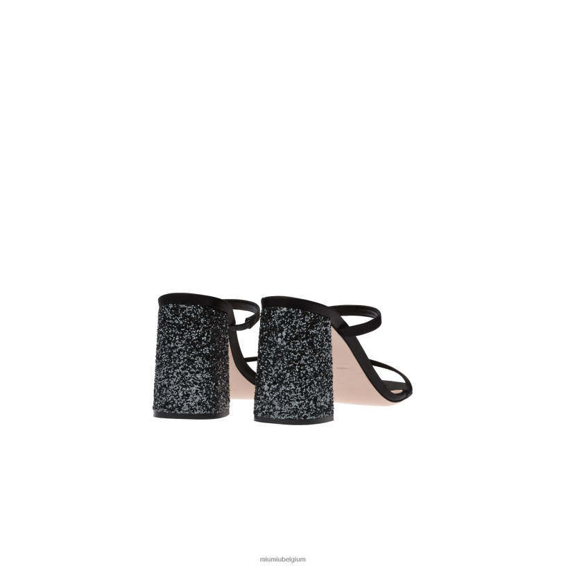 Miu Miu zwart/leigrijssatijn en glitter dia's N8F6L239 schoenen