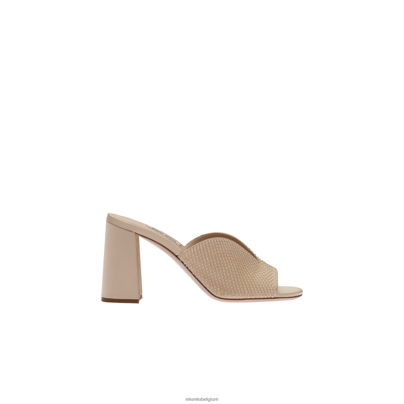 Miu Miu zandbeigesatijnen sandalen met kristallen N8F6L234 schoenen