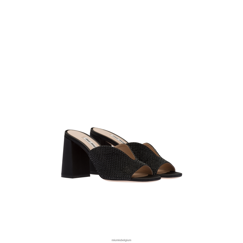 Miu Miu zwartsatijnen sandalen met kristallen N8F6L233 schoenen