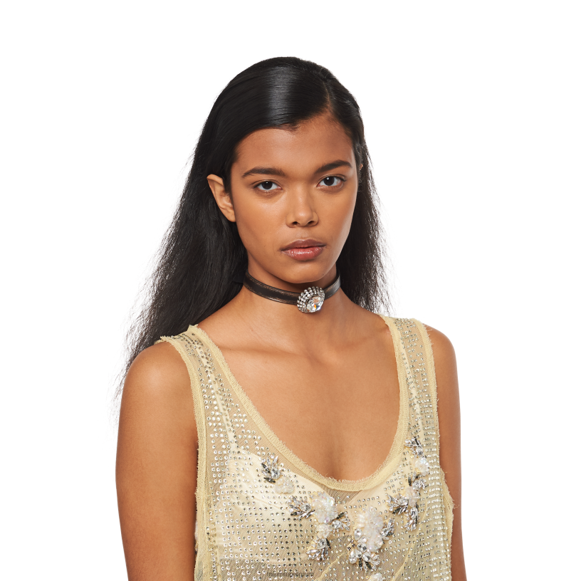 Miu Miu zand/koffienappa lederen choker met kristallen N8F6L1375 juwelen