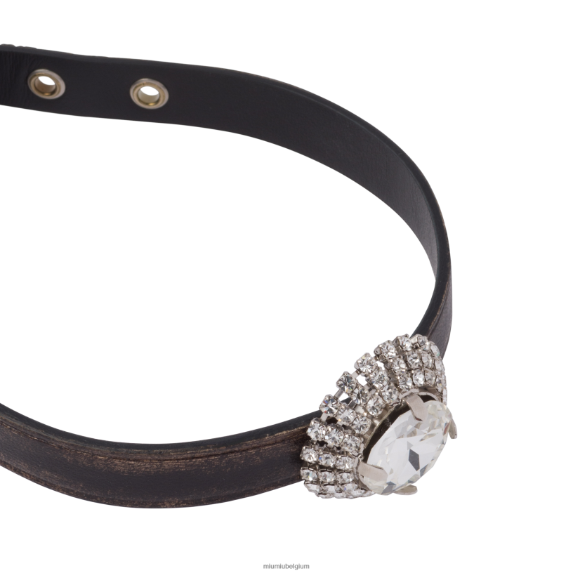Miu Miu zand/koffienappa lederen choker met kristallen N8F6L1375 juwelen