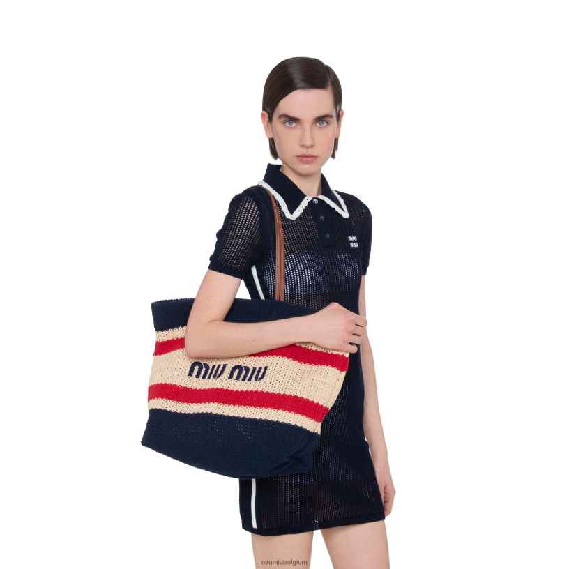 Miu Miu beige/blauwdraagtas van raffia en katoen N8F6L127 verzameling
