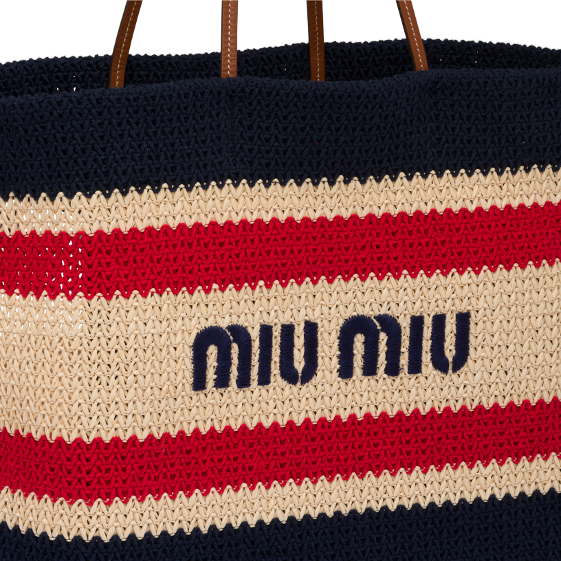 Miu Miu beige/blauwdraagtas van raffia en katoen N8F6L127 verzameling