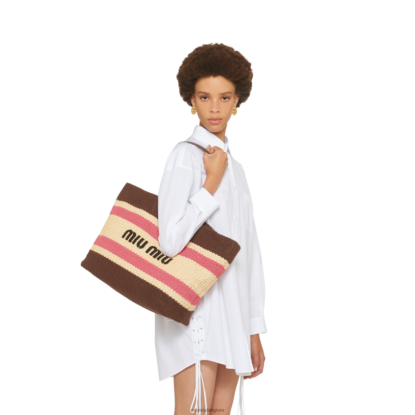Miu Miu beige/donkerbruindraagtas van raffia en katoen N8F6L132 verzameling